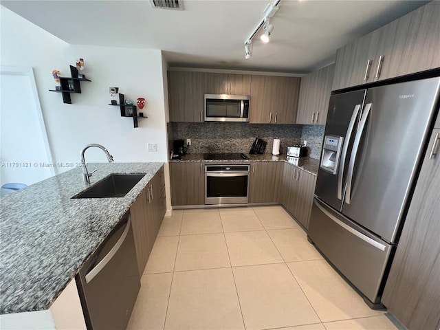 kitchen featuring sink, rail lighting, backsplash, dark stone countertops, and appliances with stainless steel finishes