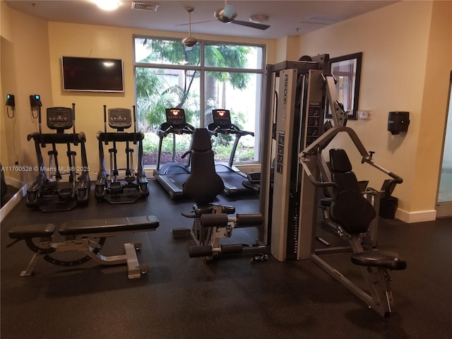 gym with ceiling fan and a wealth of natural light