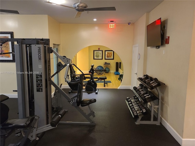 exercise room with ceiling fan