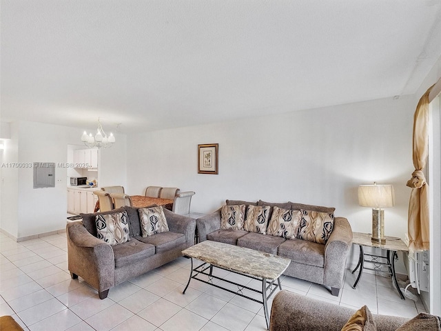 living room with electric panel, light tile patterned flooring, and a notable chandelier