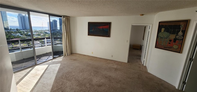 unfurnished room featuring floor to ceiling windows, light colored carpet, and a textured ceiling