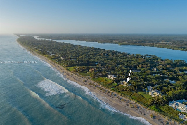 aerial view featuring a beach view and a water view