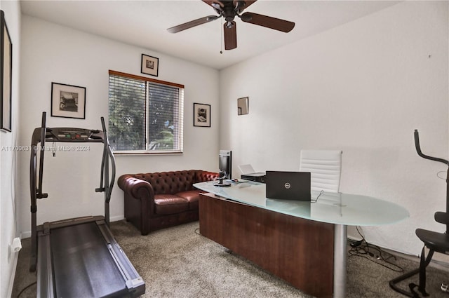 carpeted office space featuring ceiling fan