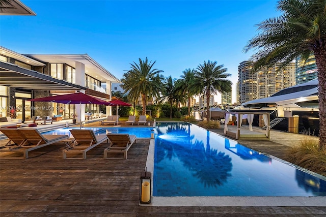 pool at dusk with a patio