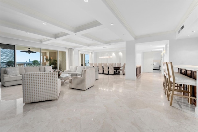 living room featuring ceiling fan, beam ceiling, crown molding, and coffered ceiling