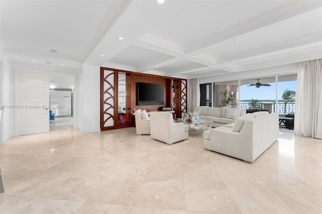 living room featuring beam ceiling, crown molding, ceiling fan, and coffered ceiling