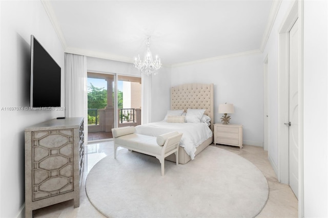 bedroom featuring access to exterior, ornamental molding, and an inviting chandelier