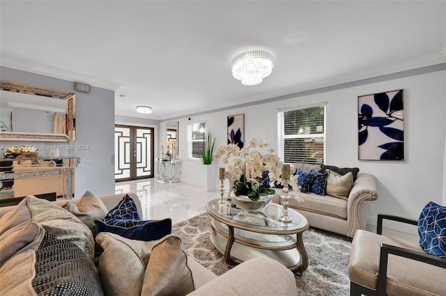 living room with crown molding and a fireplace