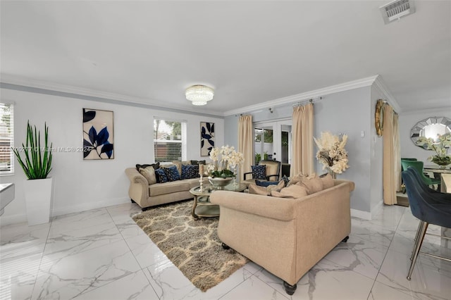 living room featuring a wealth of natural light and crown molding