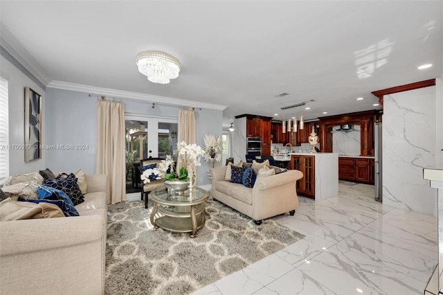 living room featuring french doors, a chandelier, and ornamental molding