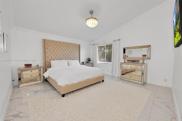 bedroom with vaulted ceiling and ornamental molding