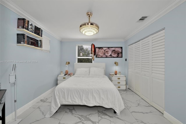 bedroom with a closet and ornamental molding