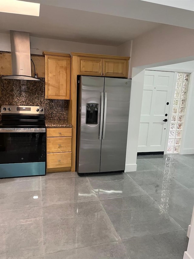 kitchen featuring decorative backsplash, stainless steel appliances, range hood, and dark stone counters