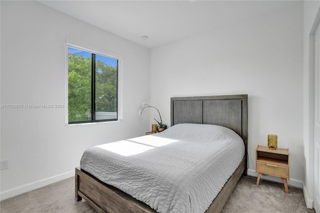 bedroom featuring light carpet