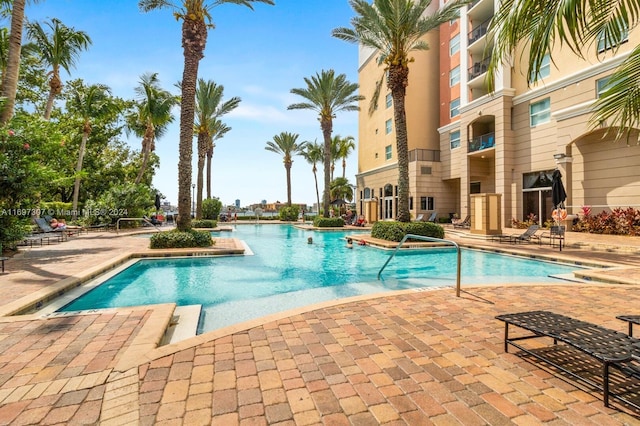 view of swimming pool with a patio