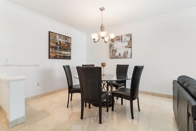 dining space featuring light tile patterned floors, a textured ceiling, crown molding, and a notable chandelier