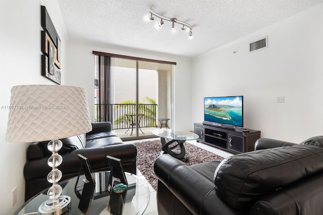 living room with rail lighting and a textured ceiling