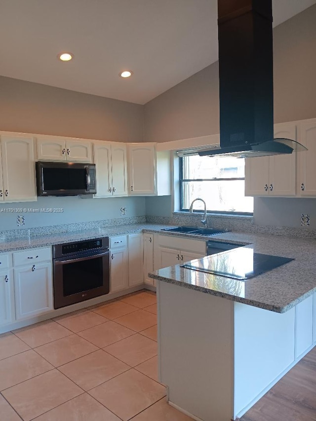 kitchen with white cabinetry, sink, kitchen peninsula, oven, and island range hood