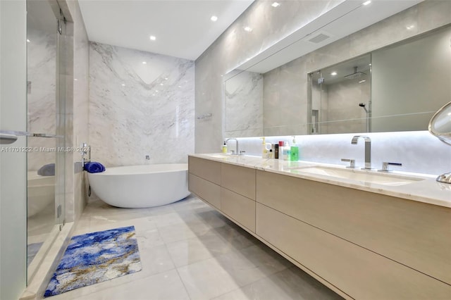 bathroom with vanity, plus walk in shower, and tile walls