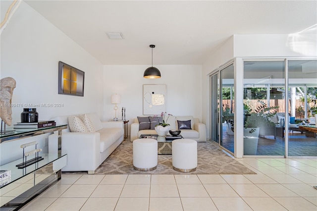 living room featuring light tile patterned floors