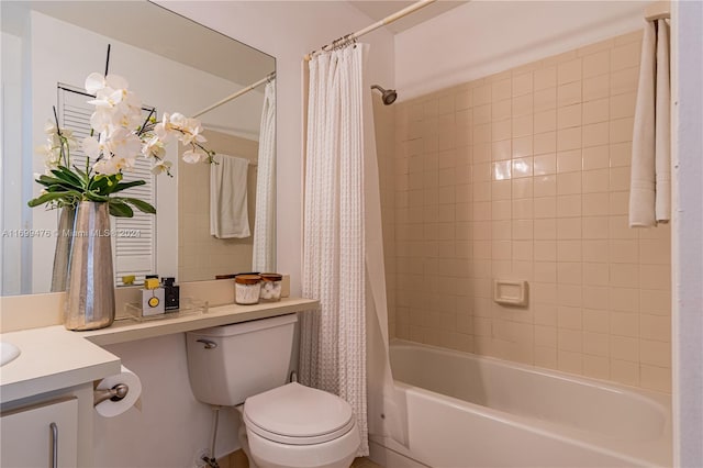 full bathroom with vanity, shower / bath combination with curtain, and toilet