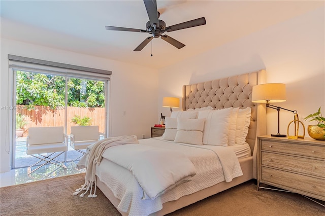 carpeted bedroom with access to outside and ceiling fan