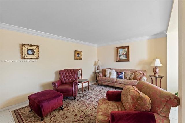 living room featuring light tile patterned floors and ornamental molding