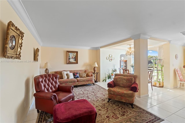 living room featuring ornamental molding, light tile patterned floors, and a chandelier