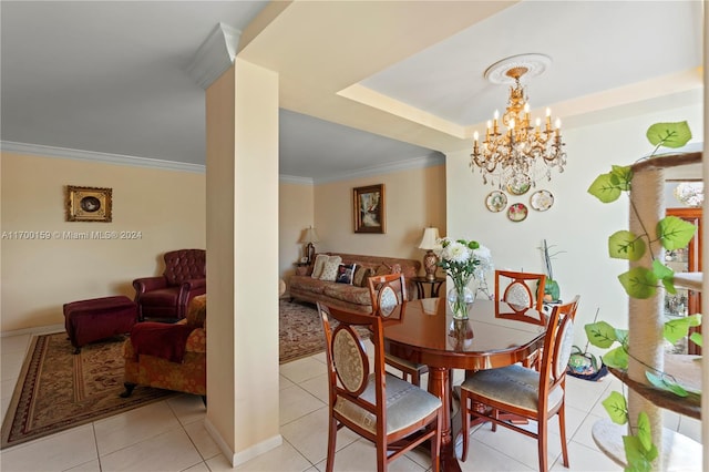 dining space with light tile patterned floors, an inviting chandelier, and crown molding