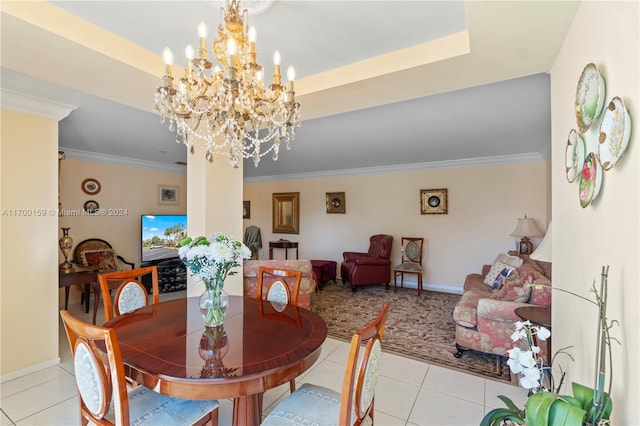 tiled dining room featuring crown molding and an inviting chandelier