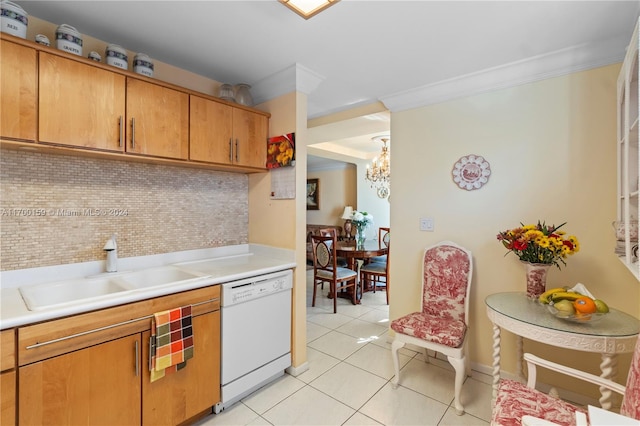 kitchen featuring decorative backsplash, ornamental molding, white dishwasher, sink, and light tile patterned flooring