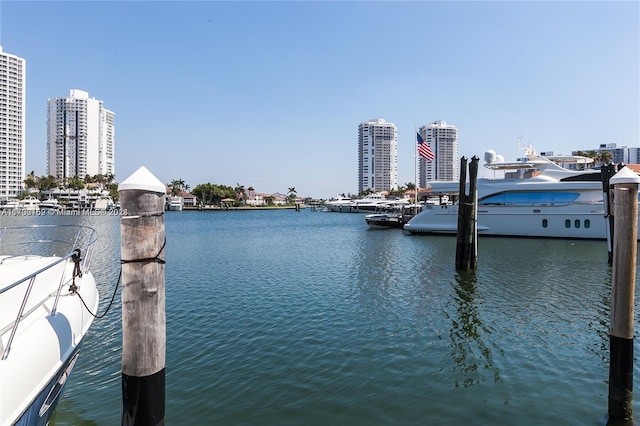 view of water feature with a dock