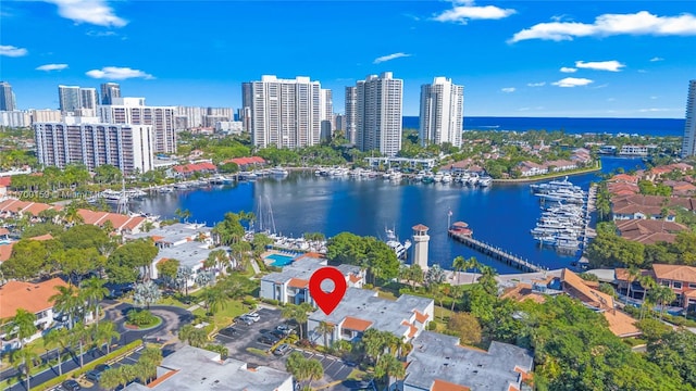 birds eye view of property featuring a water view