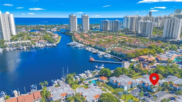 aerial view featuring a water view