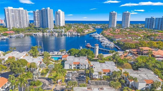 drone / aerial view featuring a water view