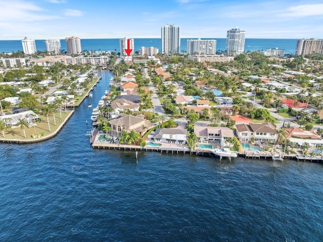 aerial view featuring a water view