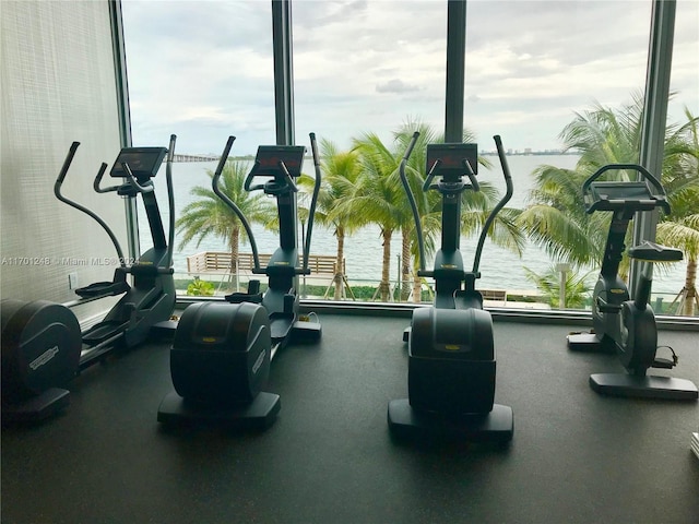 2900 NE 7th Ave Unit 3608, Miami, FL 33137 - gym featuring healthy amount of natural light, a water view, and a wall of windows