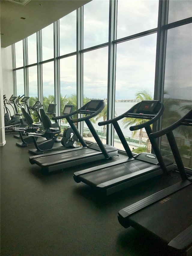 2900 NE 7th Ave Unit 3608, Miami, FL 33137 - workout area featuring floor to ceiling windows and a water view