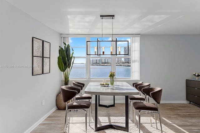 dining space with a water view, a healthy amount of sunlight, an inviting chandelier, and light hardwood / wood-style flooring