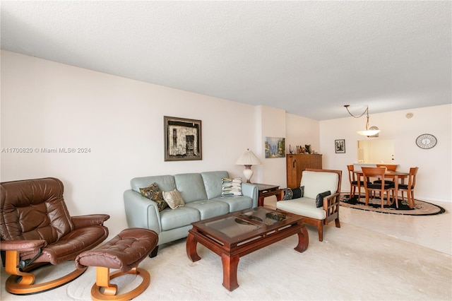 carpeted living room with a textured ceiling