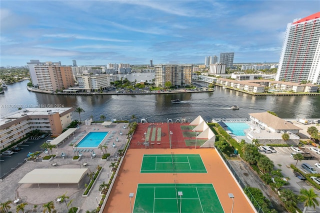 drone / aerial view with a water view