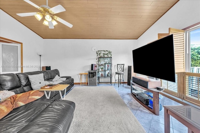 tiled living room featuring vaulted ceiling, ceiling fan, and wood ceiling