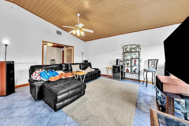 living room with ceiling fan, light tile patterned flooring, wooden ceiling, and high vaulted ceiling