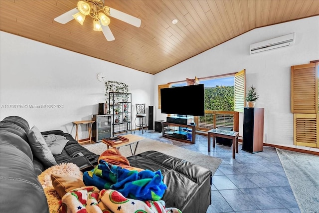 living room with a wall unit AC, high vaulted ceiling, and wooden ceiling