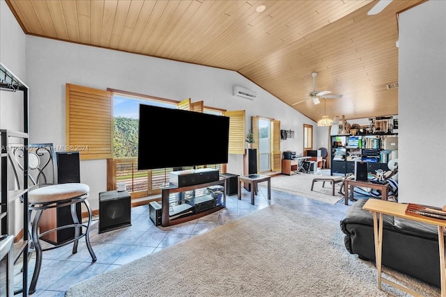 living room featuring wood ceiling, a wall mounted AC, ceiling fan, lofted ceiling, and light tile patterned flooring