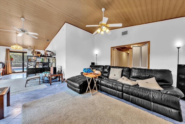 living room featuring ceiling fan, wooden ceiling, and high vaulted ceiling