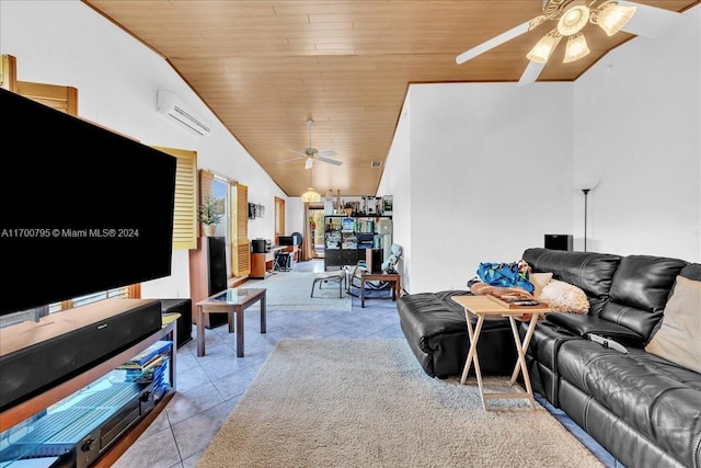 tiled living room with a wall unit AC, ceiling fan, high vaulted ceiling, and wood ceiling