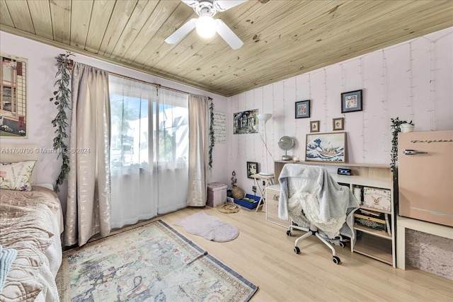 office featuring ceiling fan, hardwood / wood-style floors, and wooden ceiling