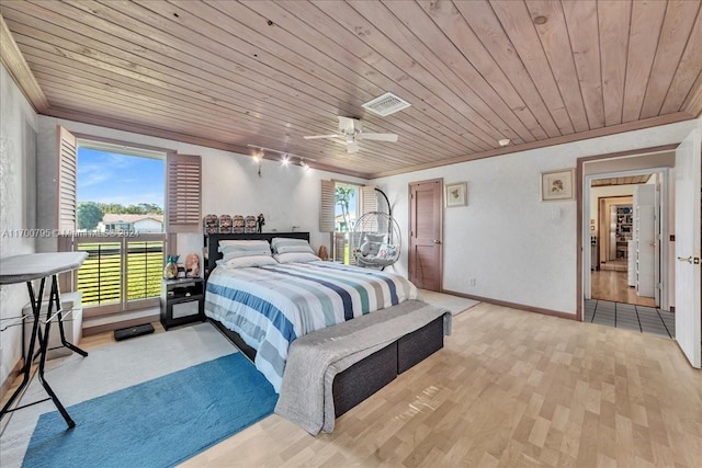 bedroom with ceiling fan, light hardwood / wood-style flooring, wood ceiling, and ornamental molding