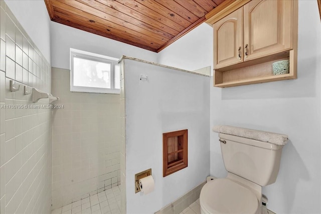 bathroom featuring wooden ceiling, walk in shower, tile patterned flooring, toilet, and ornamental molding